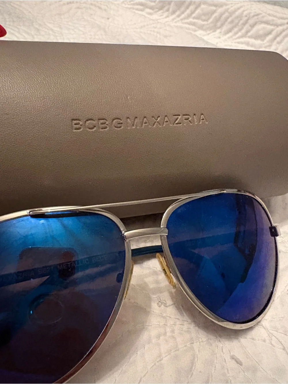 BCBG MaxAzria Aviator Sunglasses with Blue Mirrored Lenses and Hard Case